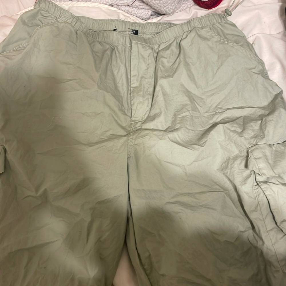 Sage green cargo parachute pants